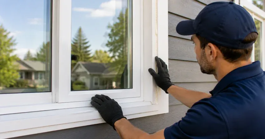 technician comparing full-frame and retrofit window replacement options in Dorchester