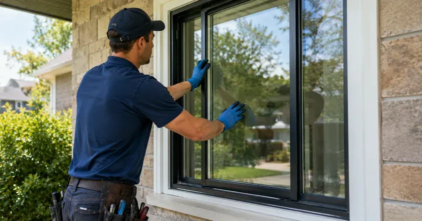 technician measuring a broken window pane for replacement in Dorchester
