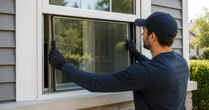 technician boarding up broken window during emergency glass repair DE-LA, Dorchester