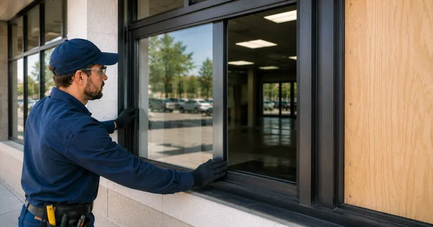 technician boarding a broken window after a break-in in Sandusky, Dorchester