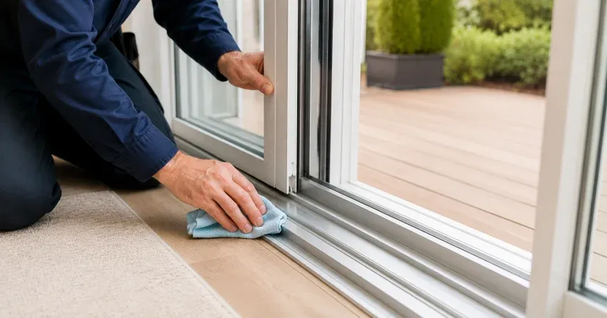 technician inspecting a sliding patio door track in Barry Hunter, Dorchester