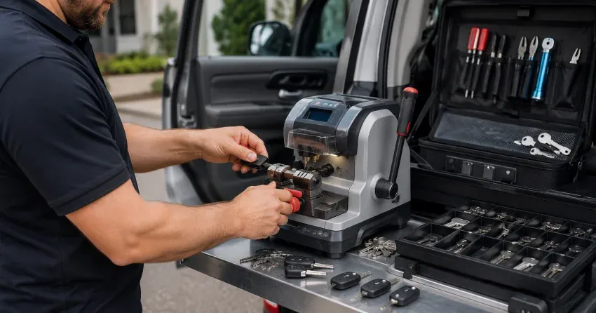 technician cutting a replacement car door lock key in Pondview, Dorchester