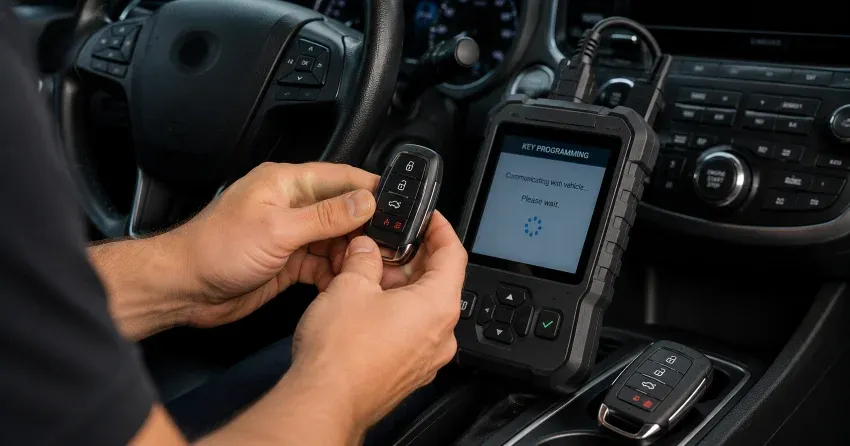 technician inspecting a worn car key before replacement in McMillan Gem Homes, Dorchester