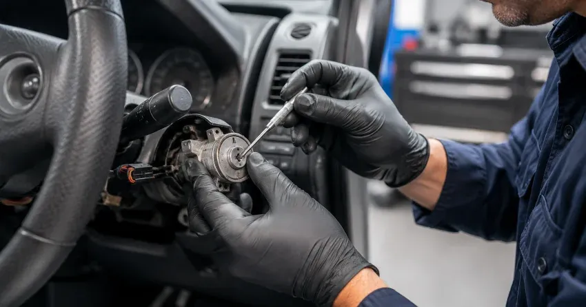 technician diagnosing an ignition lock repair issue in Pondview, Dorchester