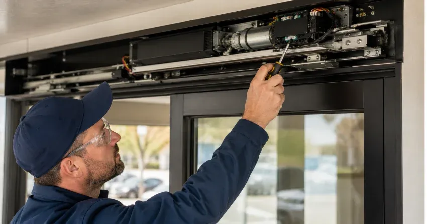 technician completing automatic door repair on residential property in Dorchester