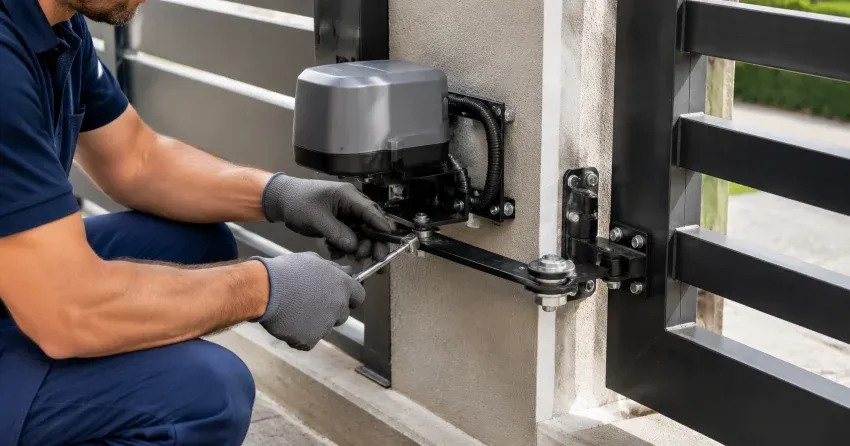 technician diagnosing automatic gate motor and control panel in Dorchester
