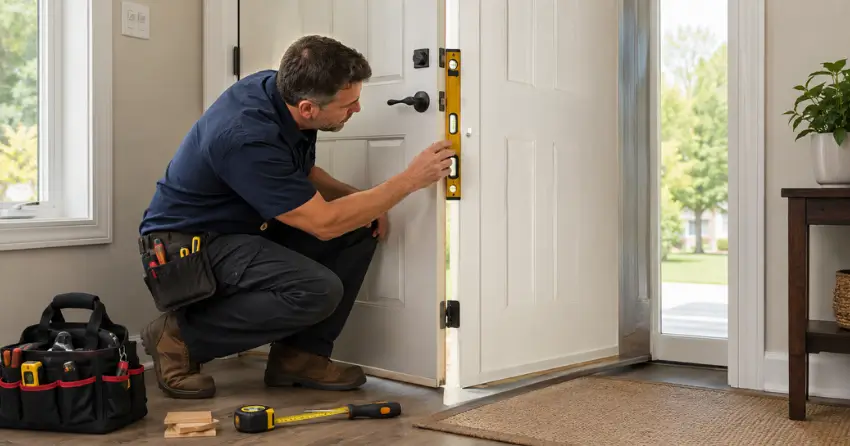 technician diagnosing a misaligned door frame in Doug Tarry Homes, Dorchester