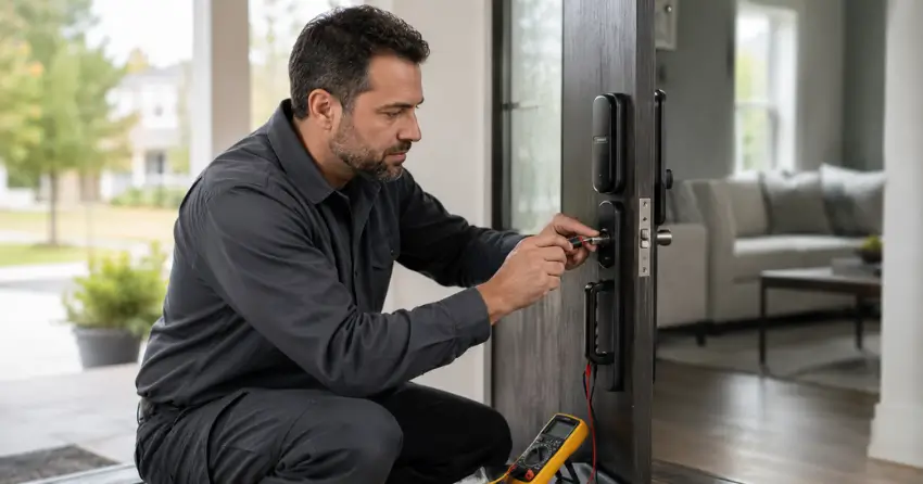technician diagnosing automatic door lock mechanism on residential door in Dorchester