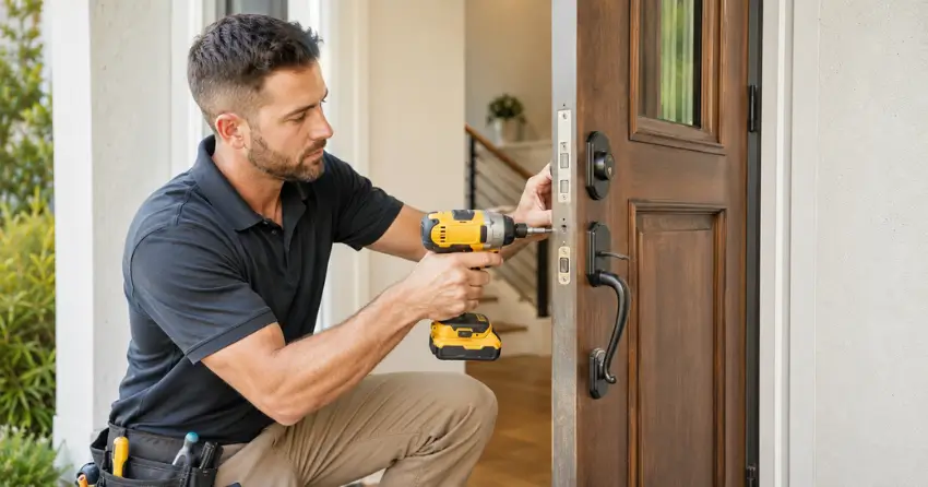 locksmith installing new deadbolt lock on front door in Dorchester