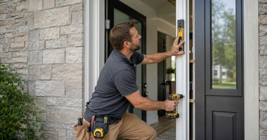 technician installing a new exterior door frame in Dorchester