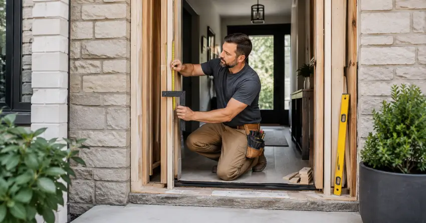exterior door installer assessing rough opening in Pondview, Dorchester