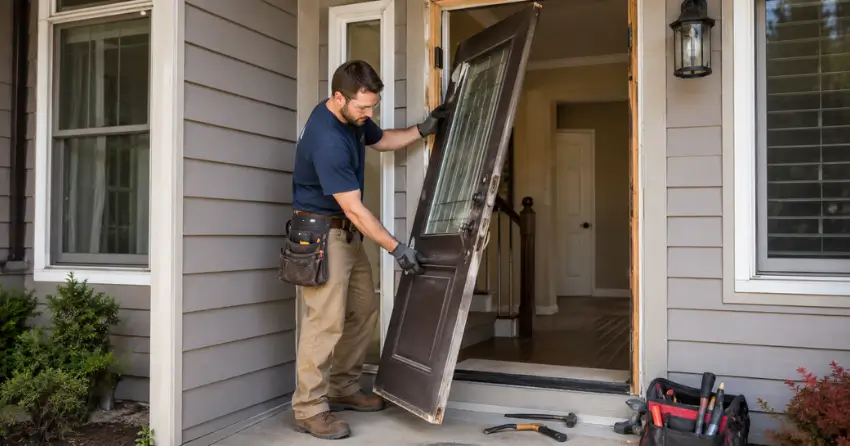 old exterior door being removed for replacement in Village Gate, Dorchester