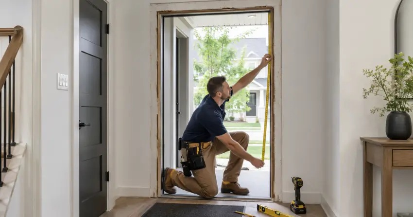 technician measuring a door frame before new door installation in Dorchester