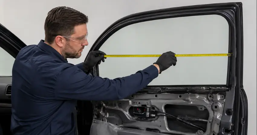 technician measuring door glass opening for replacement in Francisco, Dorchester
