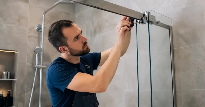 technician adjusting shower door hinge and track in Quail Run, Dorchester