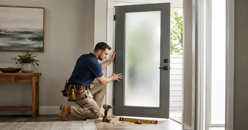 glass panel door installation with frosted privacy glass in residential setting in Hunter Subdivision, Dorchester