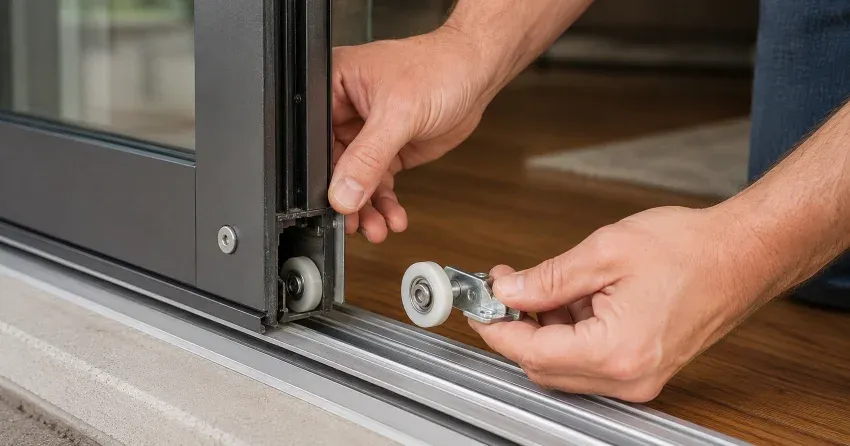 sliding door alignment Weaver Property, Dorchester technician adjusting roller track