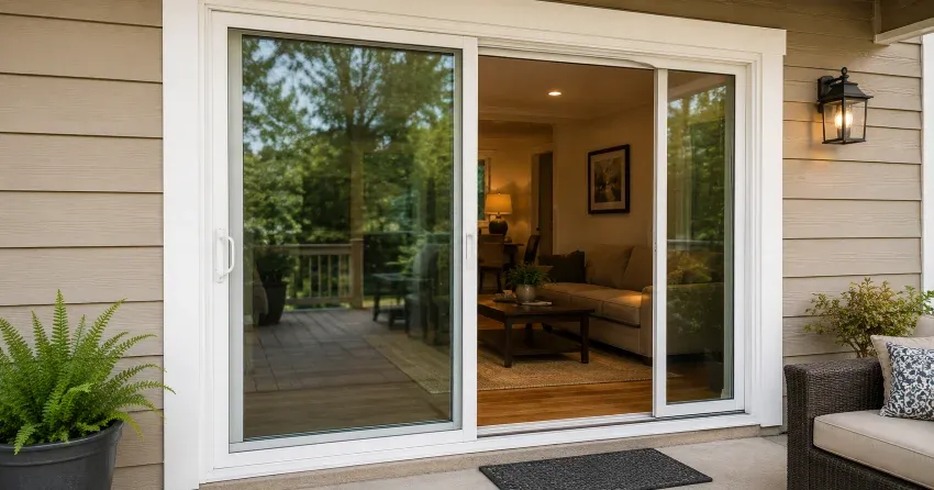 Patio Door Installation technician setting a new frame in Sandusky, Dorchester