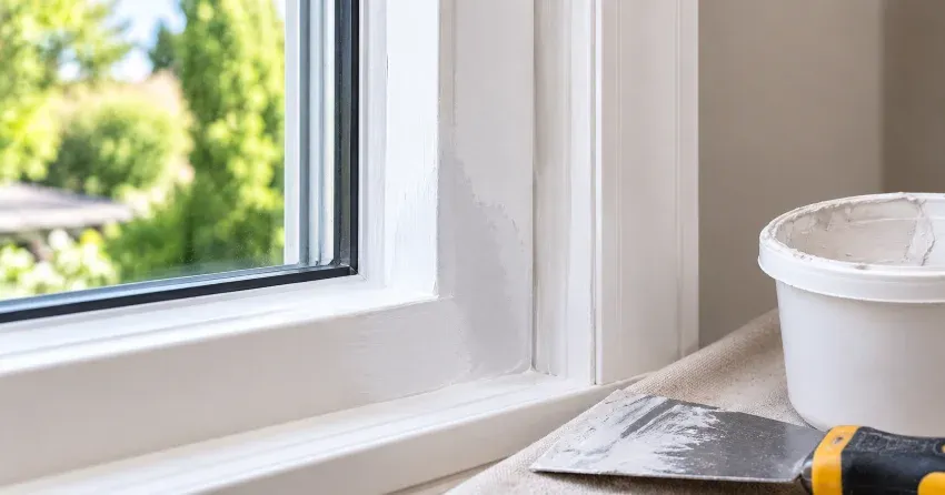 technician repairing rotted window frame corner in Dorchester