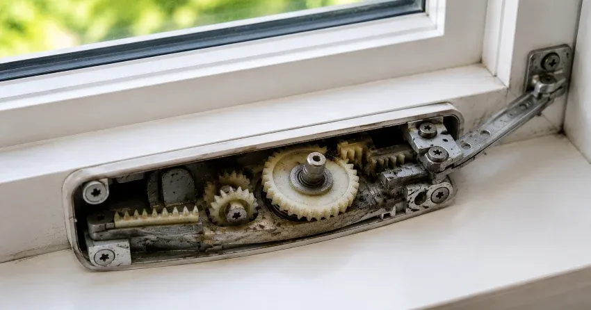 technician replacing casement window crank operator in DE-LA, Dorchester home