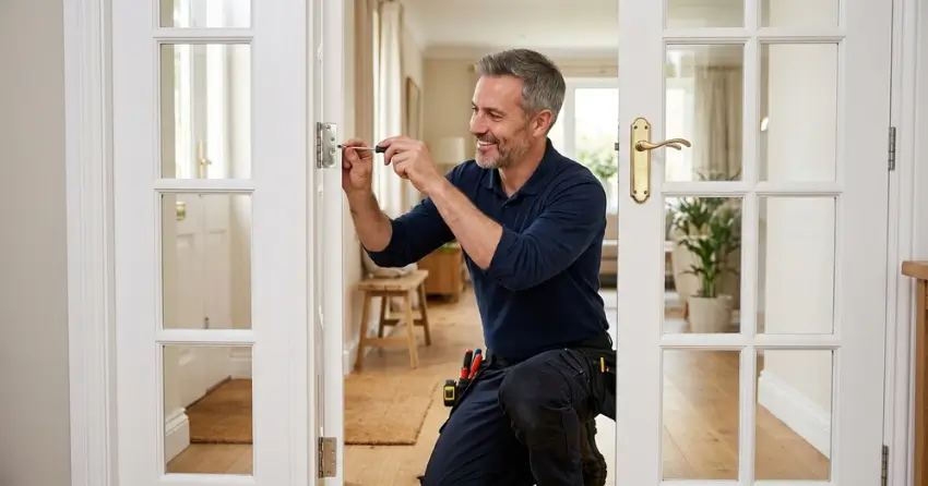 technician adjusting French door hinge for proper alignment in Ron Allen Subdivision, Dorchester