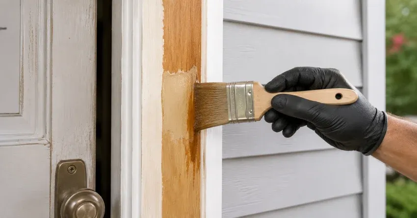 technician probing rotted wood on a door frame in Dorchester Terrace, Dorchester