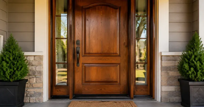 wood door mid-restoration showing stripped bare wood in Hunter Subdivision, Dorchester