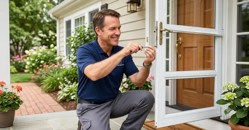 technician adjusting storm door hinge and closer in Barry Hunter, Dorchester